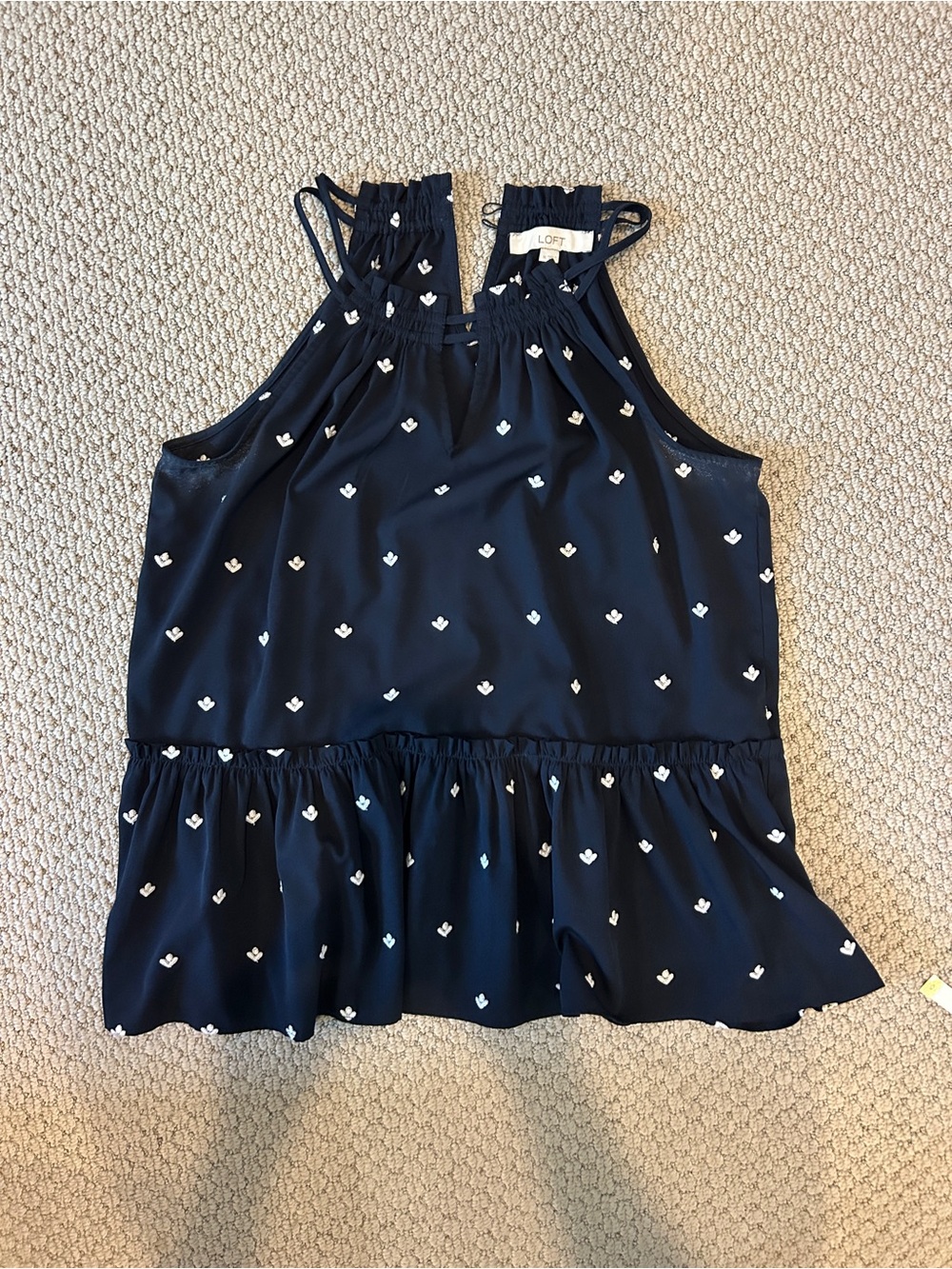 LOFT Navy Spaghetti-Strap Top with White Heart Embroidery